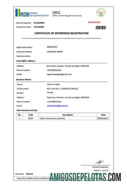 Certificado de registro empresarial de Ruanda para impressão, modelo Word e PDF, versão 2